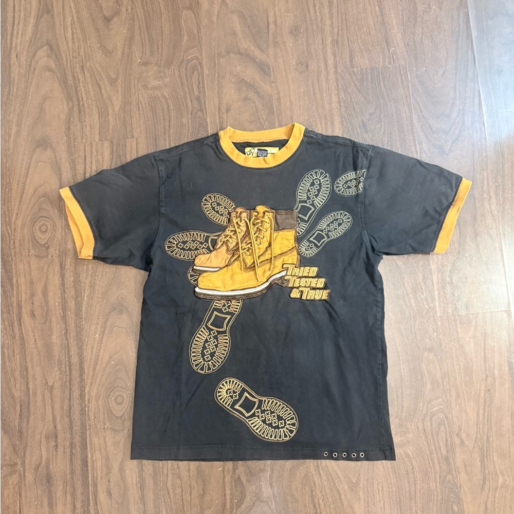 Y2K RAW BLUE Brown Embroidered Timberland  “Tried Tested & True” Streetwear Tee
